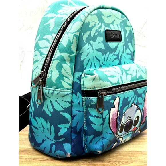 Disney Lilo & Stitch Loungefly Blue Tropical Leaves Mini Backpack Zippered EUC - Picture 4 of 16